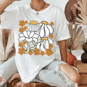 Retro Daisies Comfort Colors® T-shirt, Spring Vintage Wildflowers Design T-Shirt in Black, Pepper, White or Green, Trendy T-Shirt