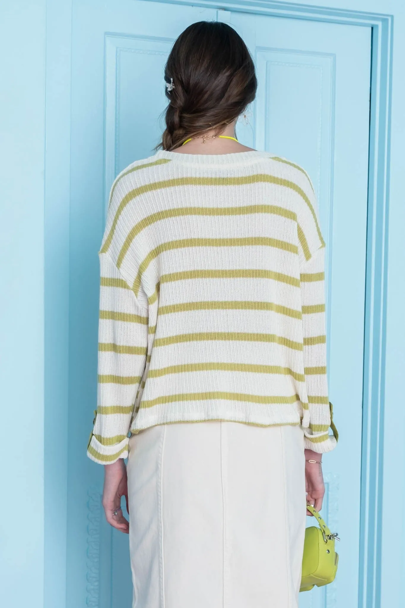 Striped 3/4 Rolled Sleeve Top - Avocado