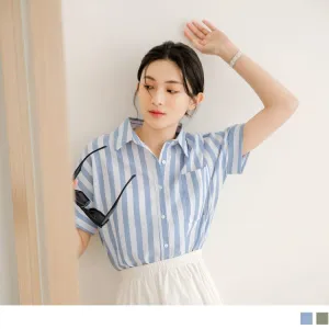 STRIPED SHORT SLEEVE BUTTON TUNIC SHIRTS