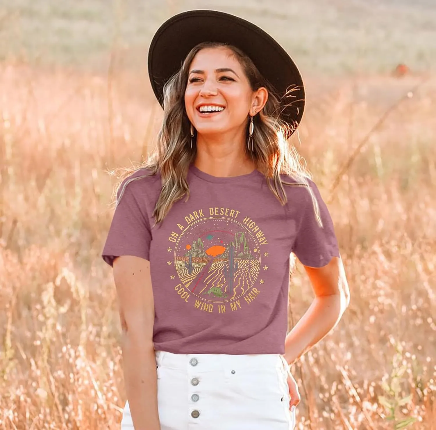 TAOHONG Adventure Shirts Women Retro Desert Highway T-Shirt Funny Nature Graphic Tee Casual Short Sleeve Tee Tops