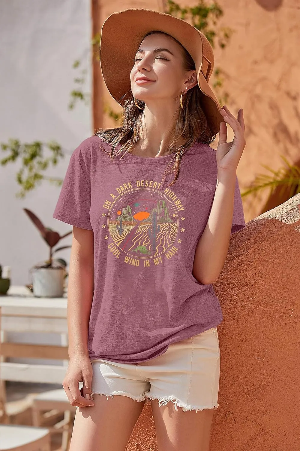 TAOHONG Adventure Shirts Women Retro Desert Highway T-Shirt Funny Nature Graphic Tee Casual Short Sleeve Tee Tops