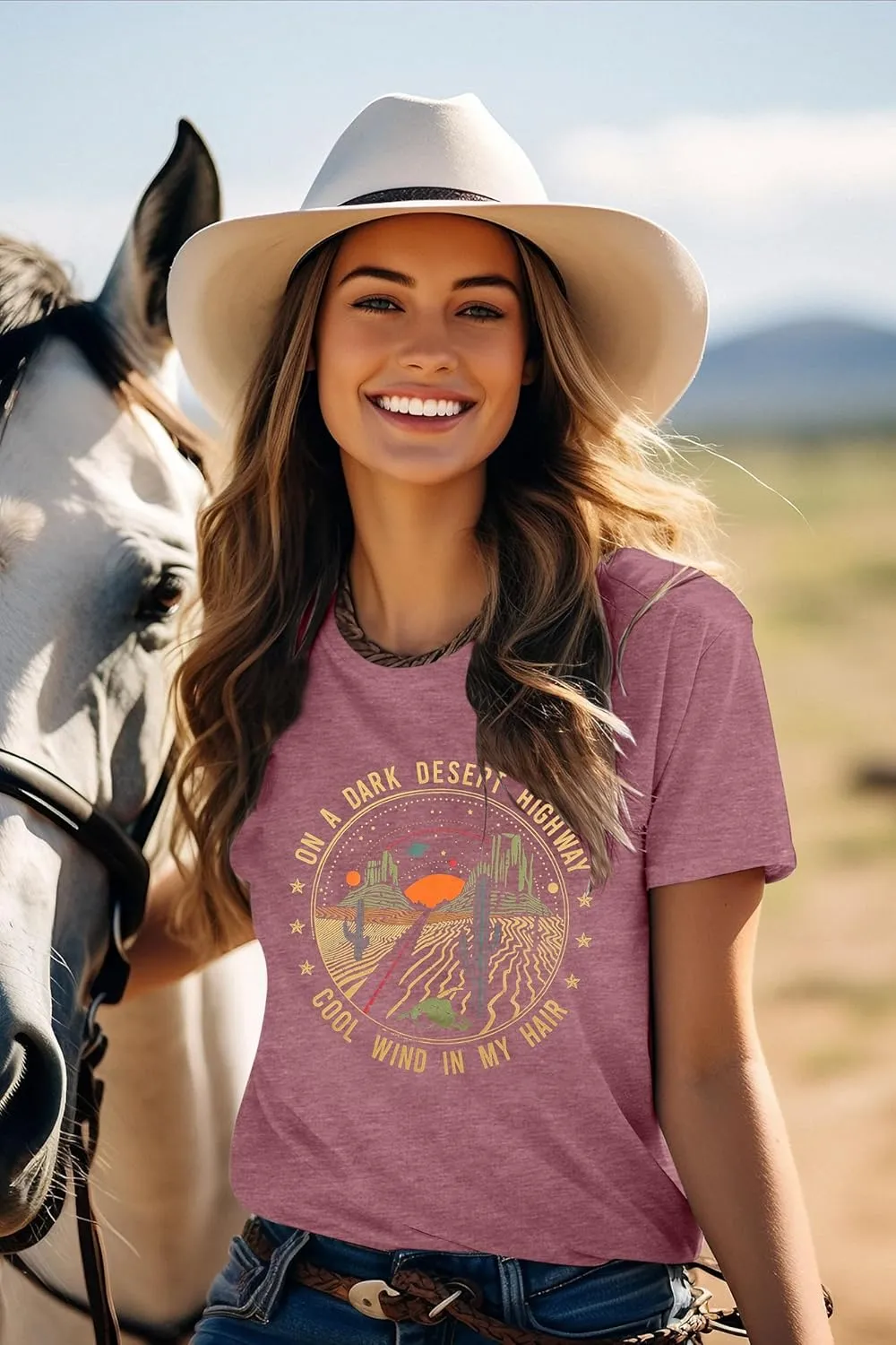 TAOHONG Adventure Shirts Women Retro Desert Highway T-Shirt Funny Nature Graphic Tee Casual Short Sleeve Tee Tops