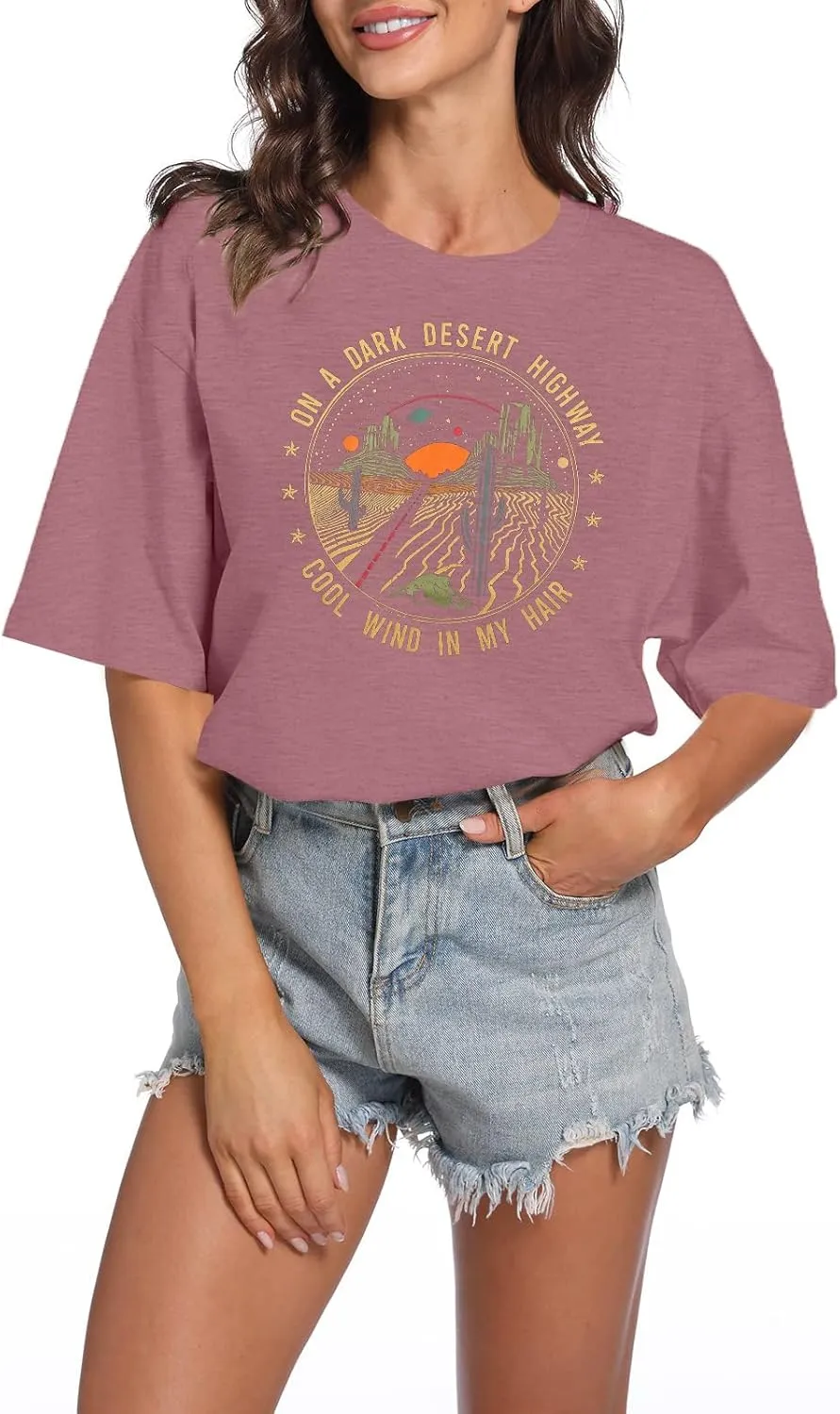 TAOHONG Adventure Shirts Women Retro Desert Highway T-Shirt Funny Nature Graphic Tee Casual Short Sleeve Tee Tops