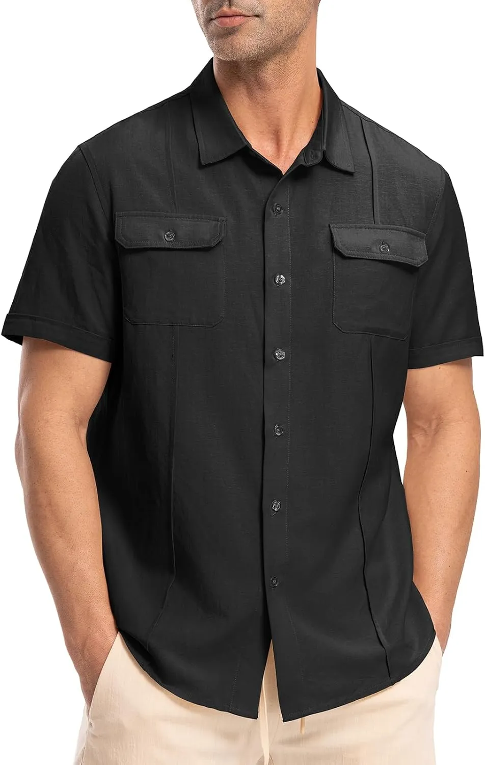 TBMPOY Mens Linen Button Down Shirts Short Sleeve Summer Beach Shirt Casual Hawaiian Dress Shirts for Men with Two Pockets
