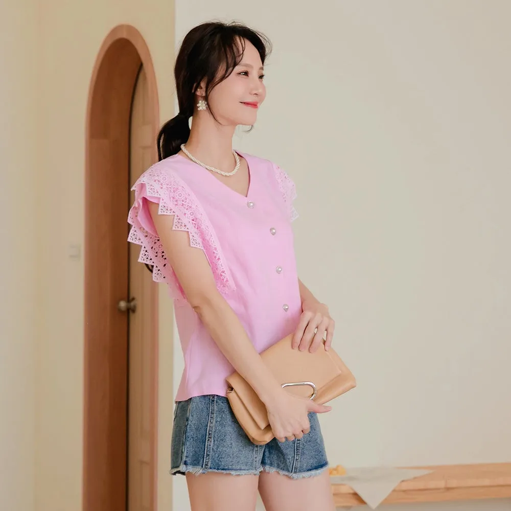 V-Neck Lace Sleeve Pearl Button Blouse Shirt Top