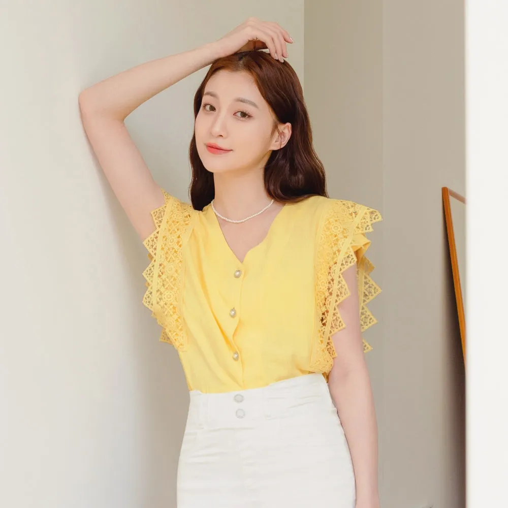 V-Neck Lace Sleeve Pearl Button Blouse Shirt Top