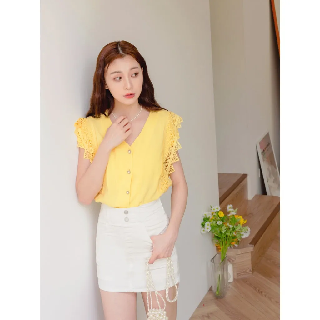 V-Neck Lace Sleeve Pearl Button Blouse Shirt Top