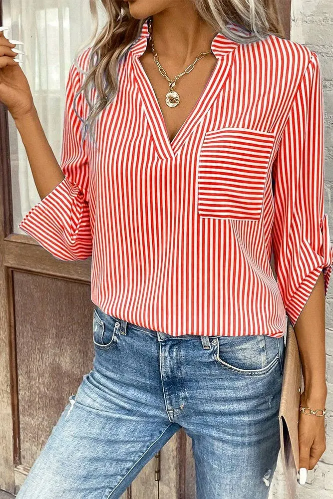 V Neck Stripes Long Fold Sleeves Blouse