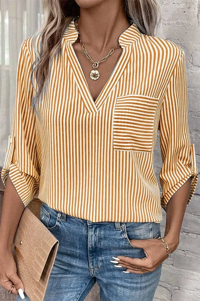 V Neck Stripes Long Fold Sleeves Blouse