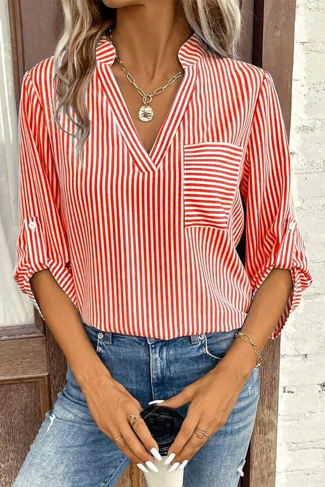 V Neck Stripes Long Fold Sleeves Blouse