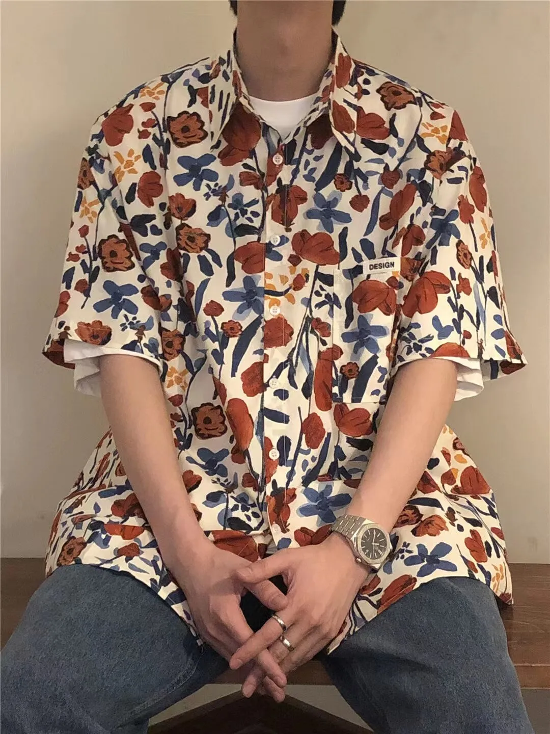 Wiaofellas Summer Men's Retro Printing Floral Short Sleeve Shirts Handsome Fashion Trend Popular Lapel Collar Red Color Shirts M-2XL
