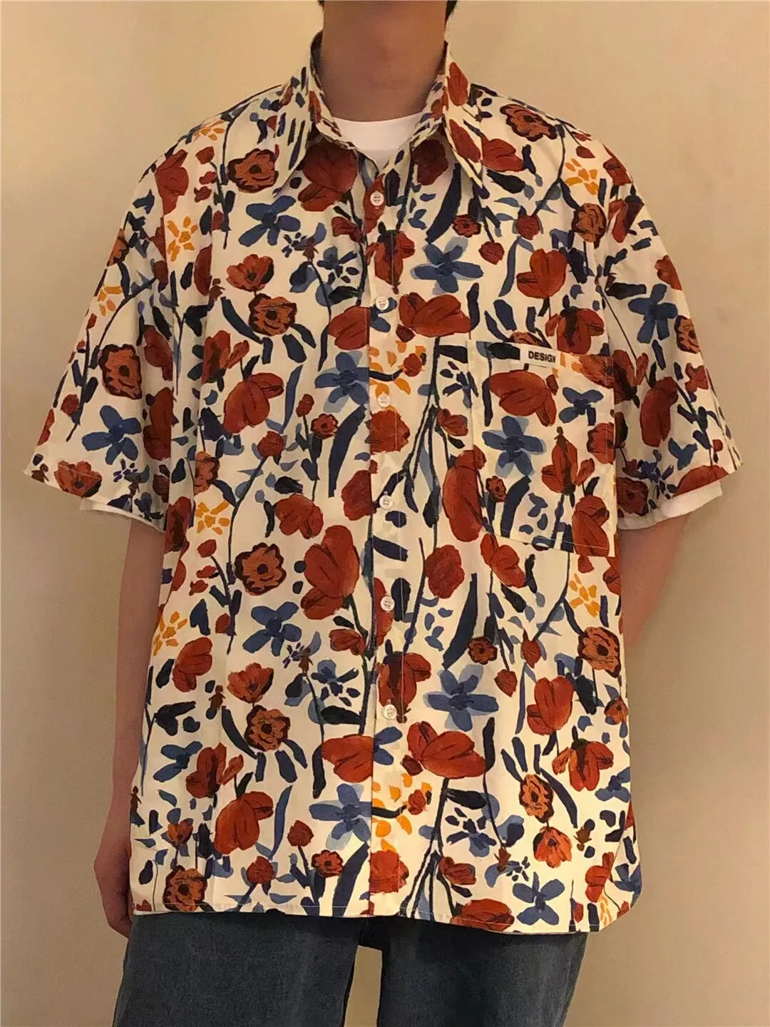 Wiaofellas Summer Men's Retro Printing Floral Short Sleeve Shirts Handsome Fashion Trend Popular Lapel Collar Red Color Shirts M-2XL