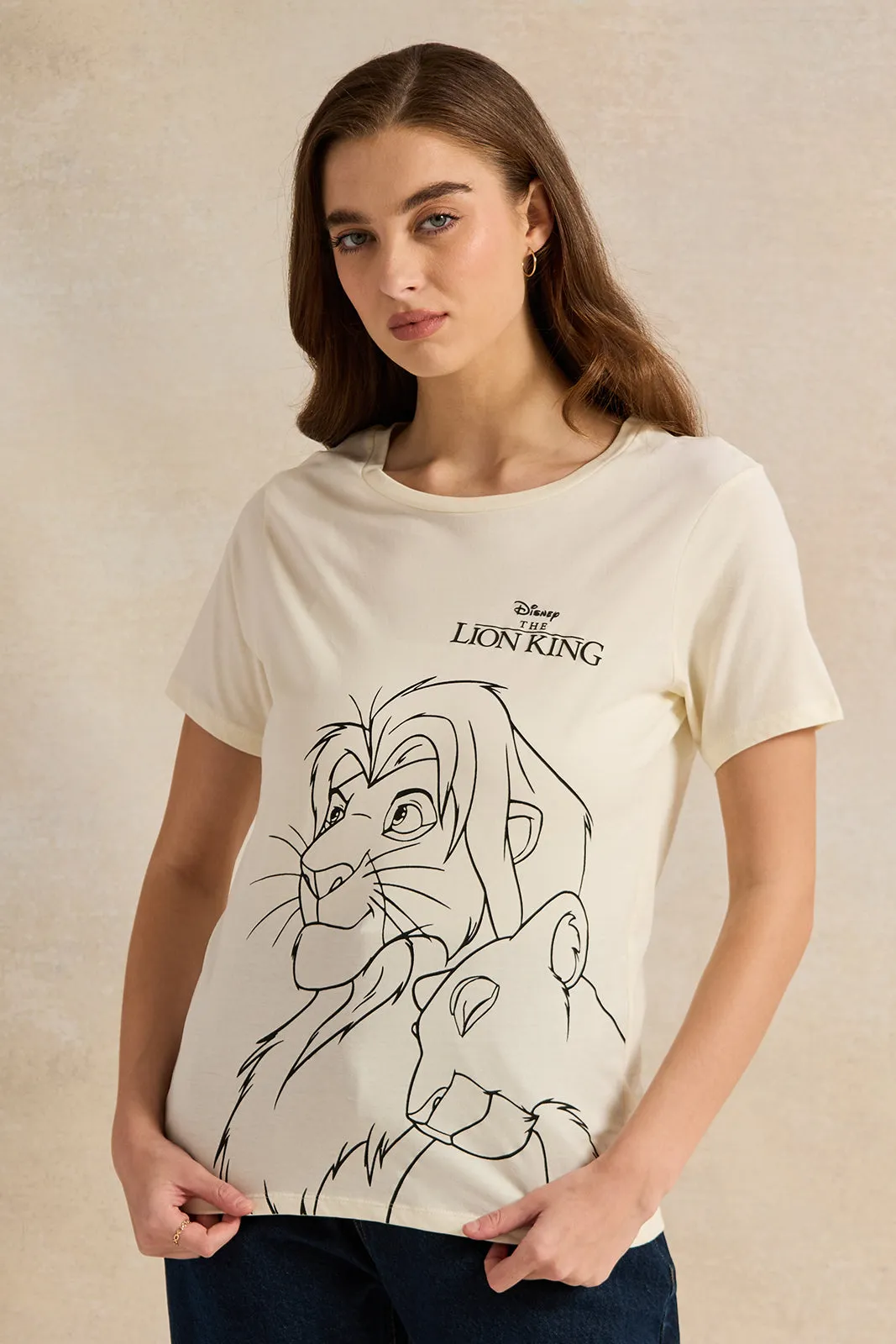 Women Cream Lion King Printed T-Shirt