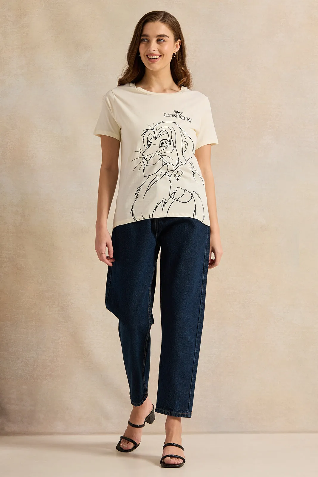 Women Cream Lion King Printed T-Shirt