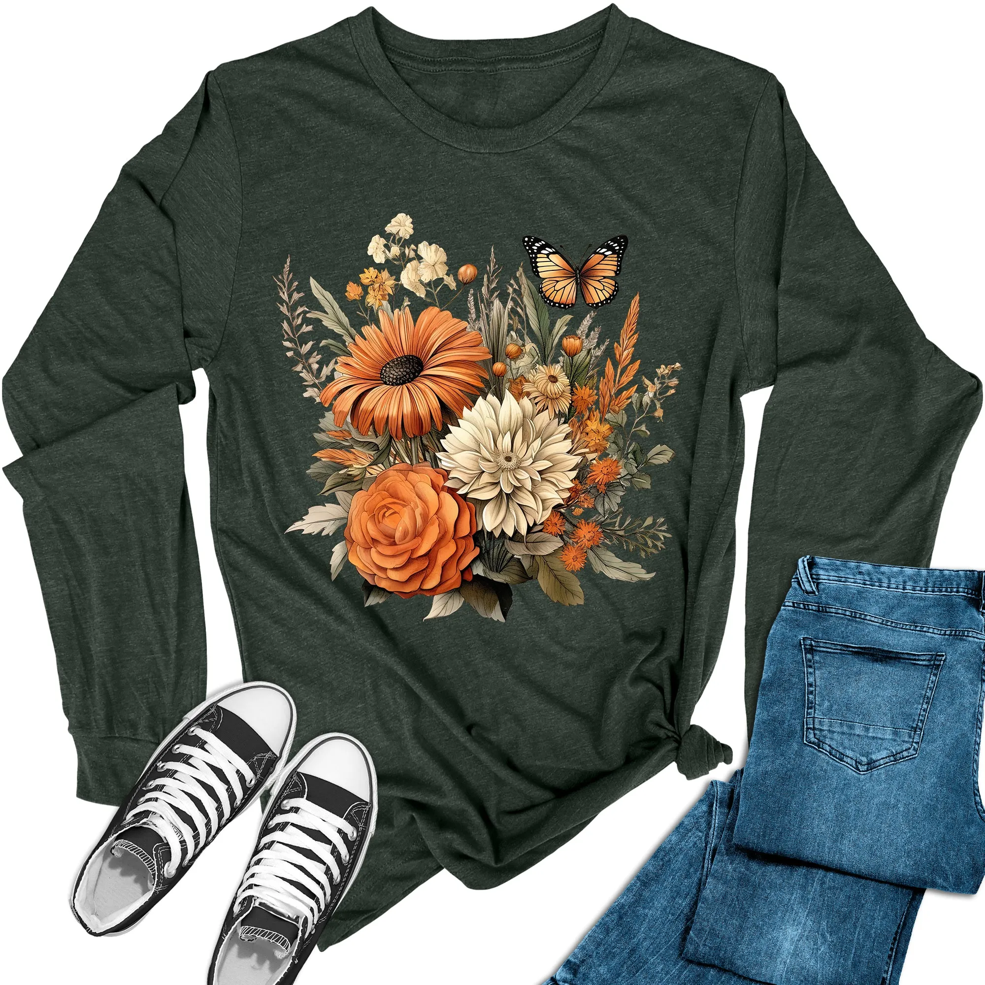 Women's Floral Fall Flowers Long Sleeve Graphic Tees