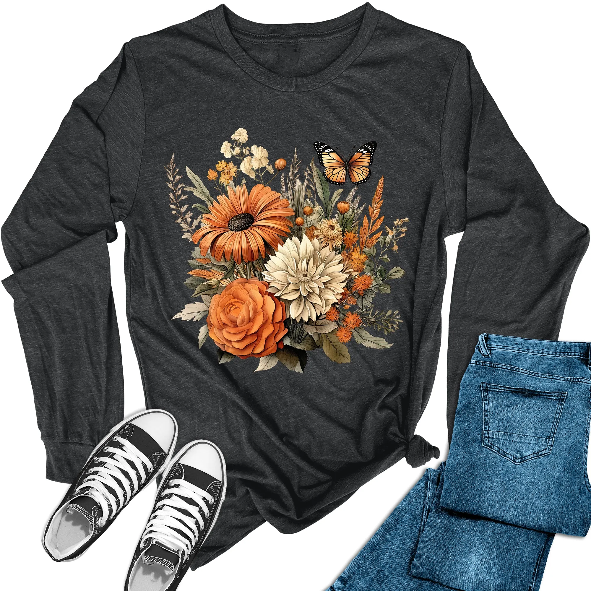 Women's Floral Fall Flowers Long Sleeve Graphic Tees