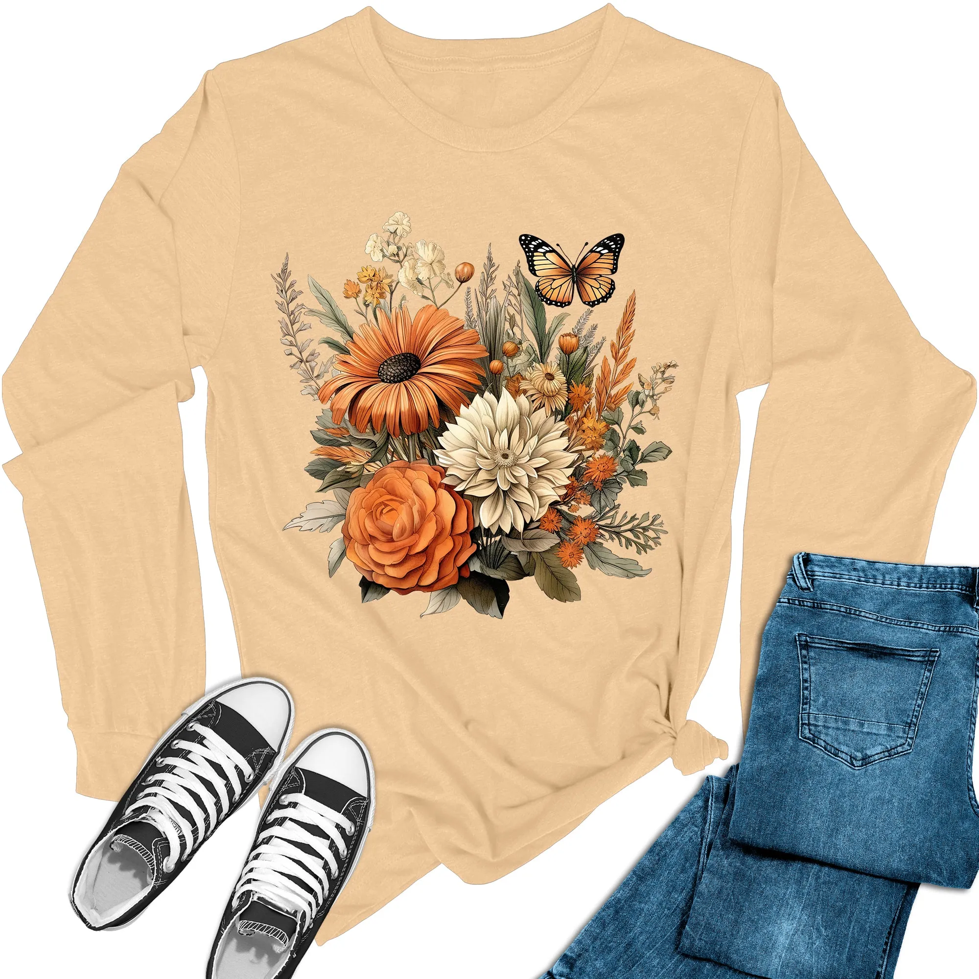 Women's Floral Fall Flowers Long Sleeve Graphic Tees