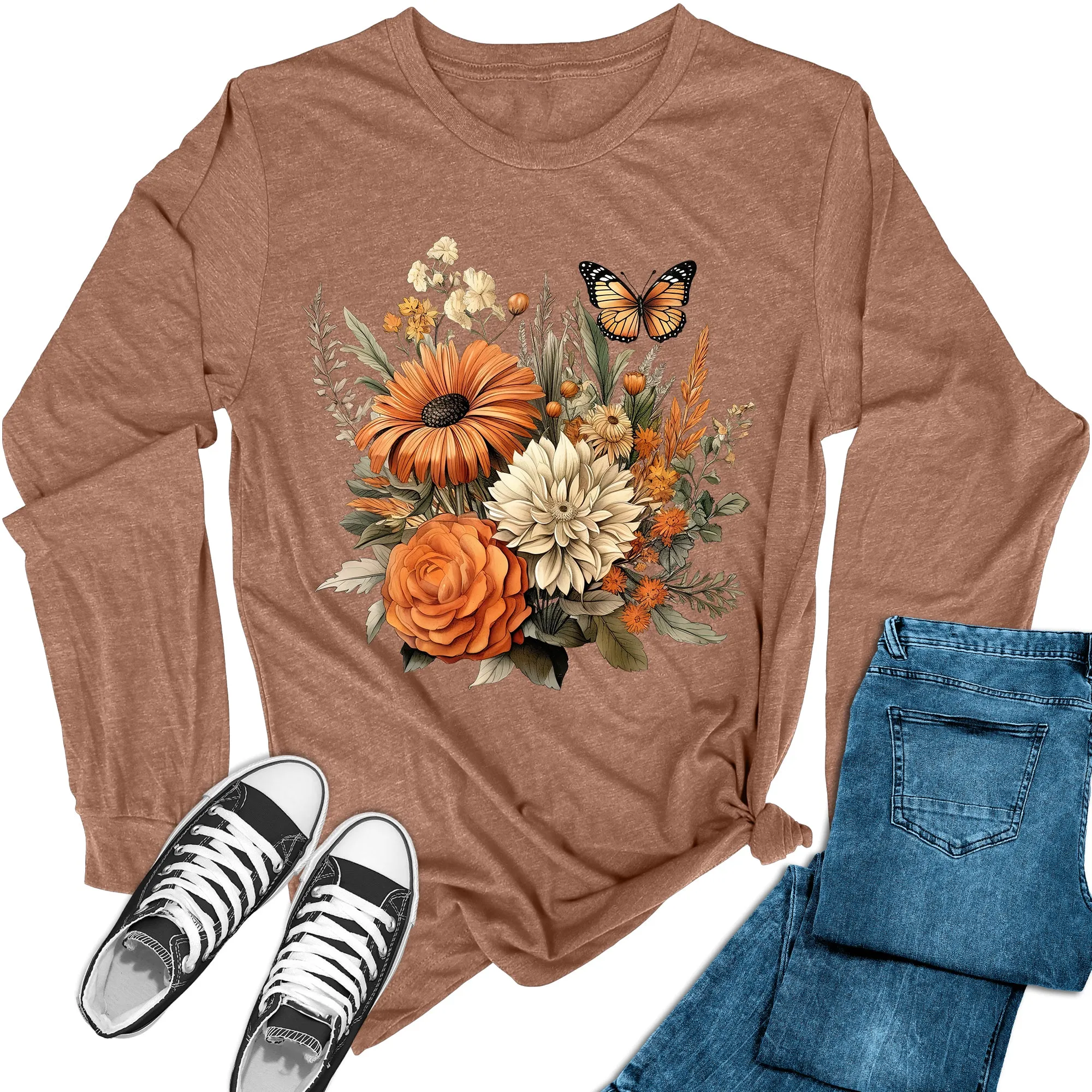 Women's Floral Fall Flowers Long Sleeve Graphic Tees