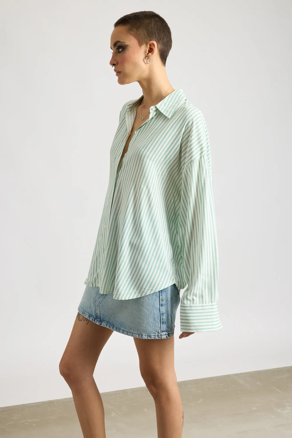 Women's Relaxed Fit Viscose Shirt - Green Stripes