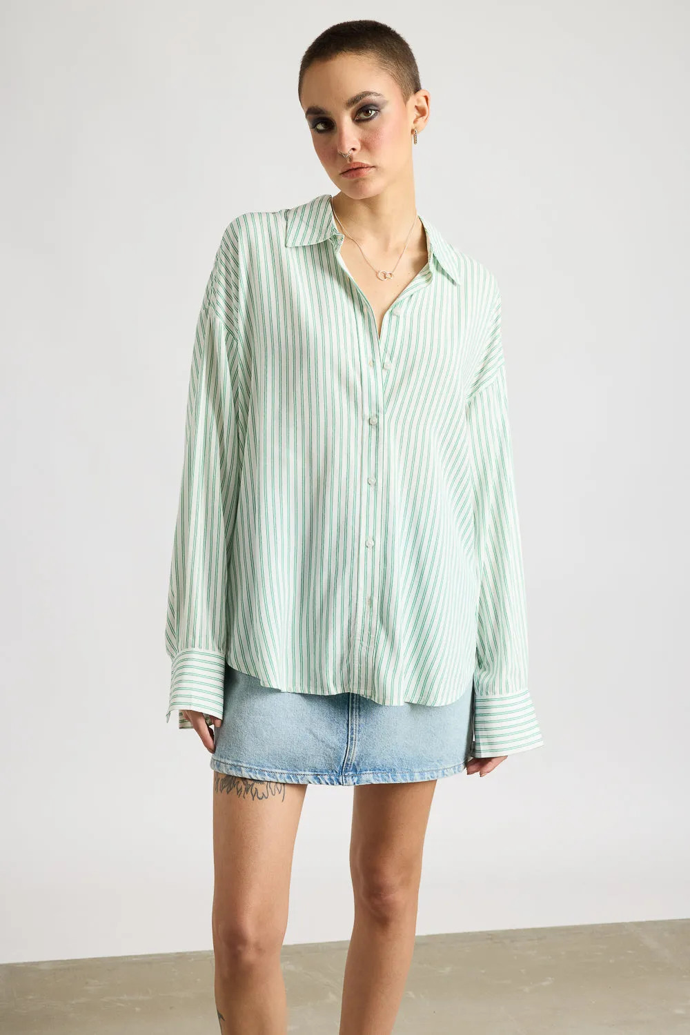 Women's Relaxed Fit Viscose Shirt - Green Stripes