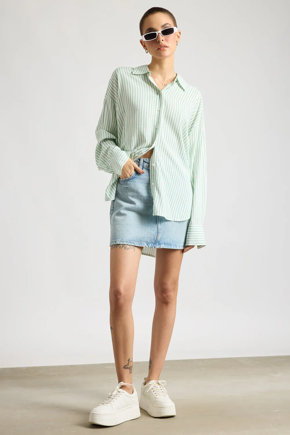 Women's Relaxed Fit Viscose Shirt - Green Stripes