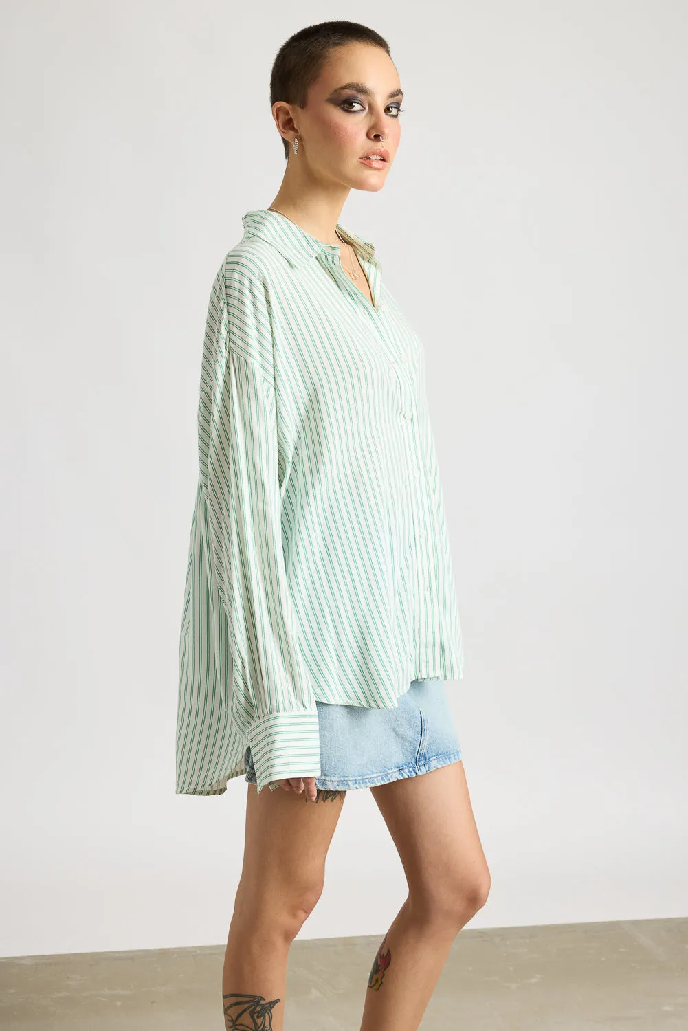 Women's Relaxed Fit Viscose Shirt - Green Stripes