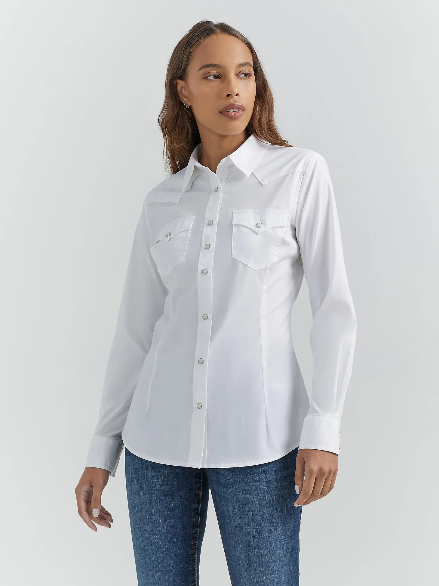 Women's Wrangler Long Sleeve One Point Front And Back Yokes Solid Top In White