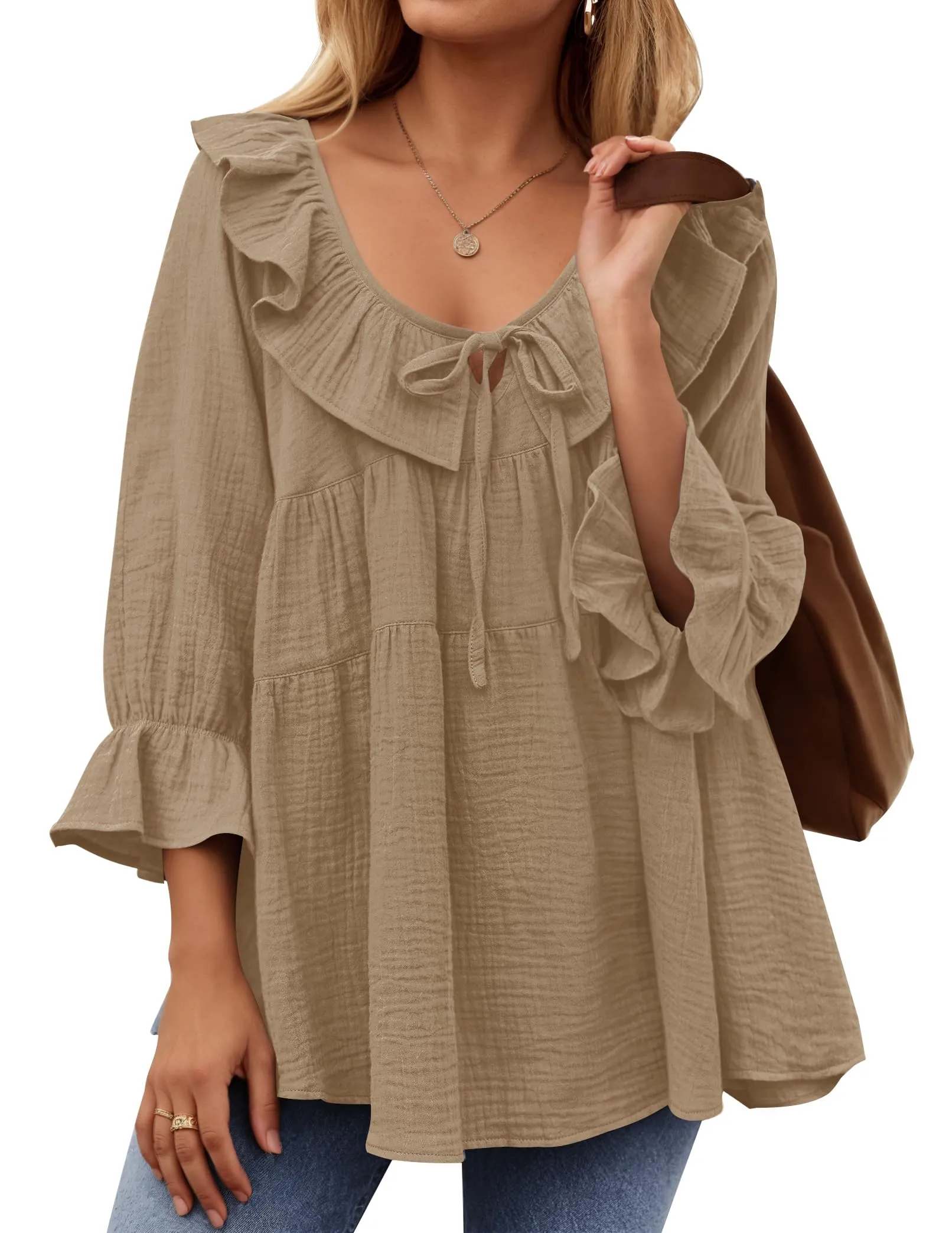 ZESICA Casual Tie Front Ruffle Tiered Loose Tunic Shirts