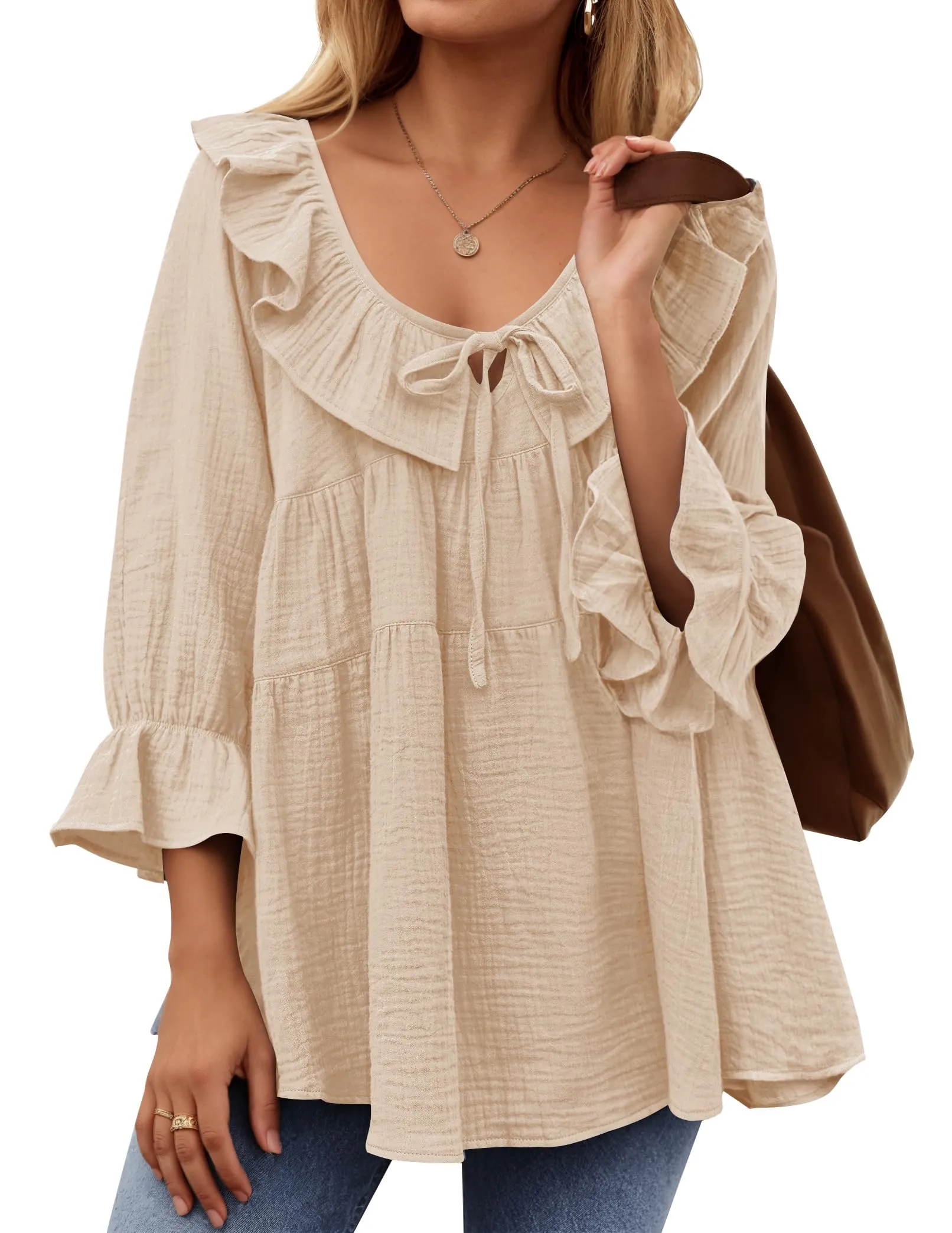 ZESICA Casual Tie Front Ruffle Tiered Loose Tunic Shirts