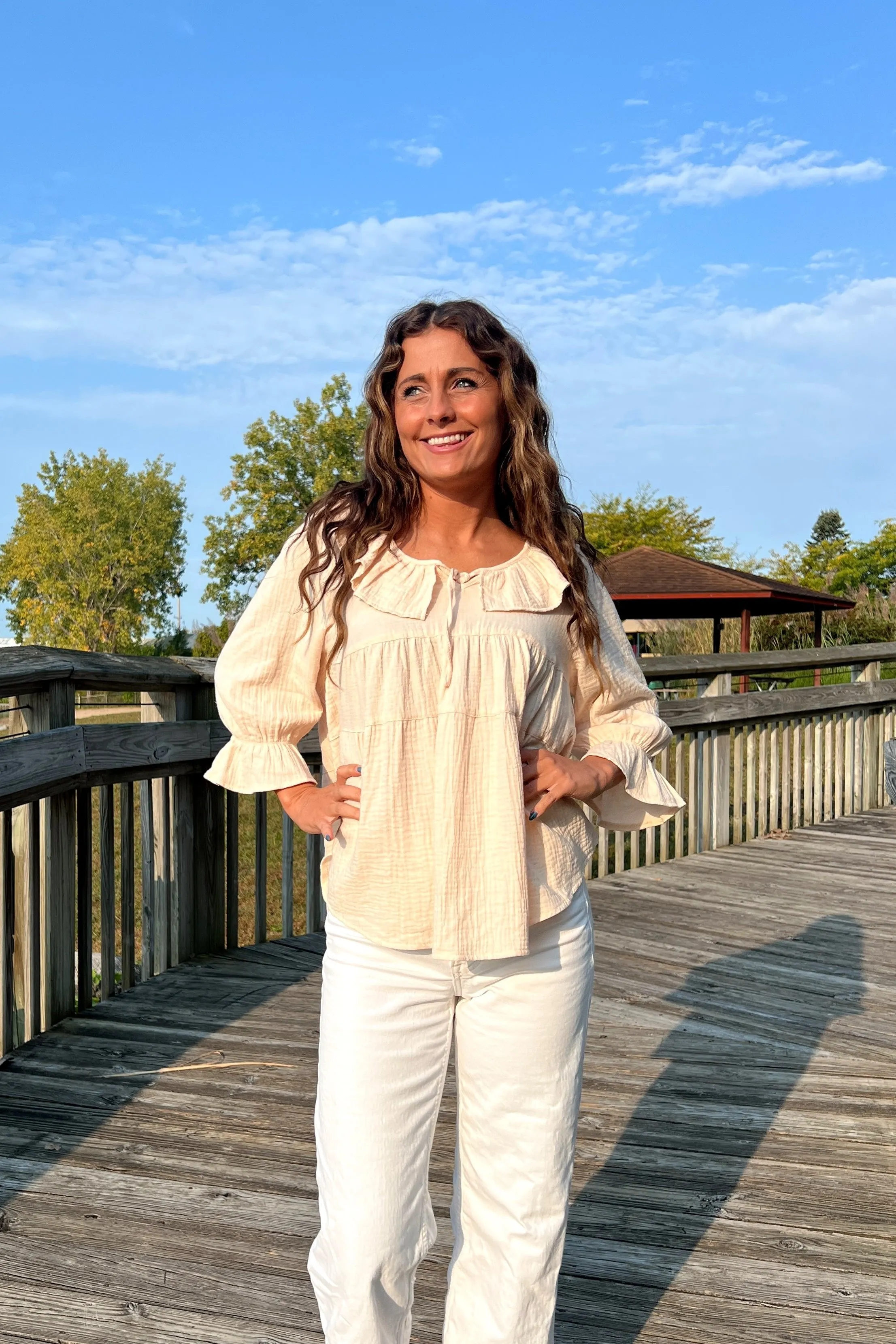 ZESICA Casual Tie Front Ruffle Tiered Loose Tunic Shirts