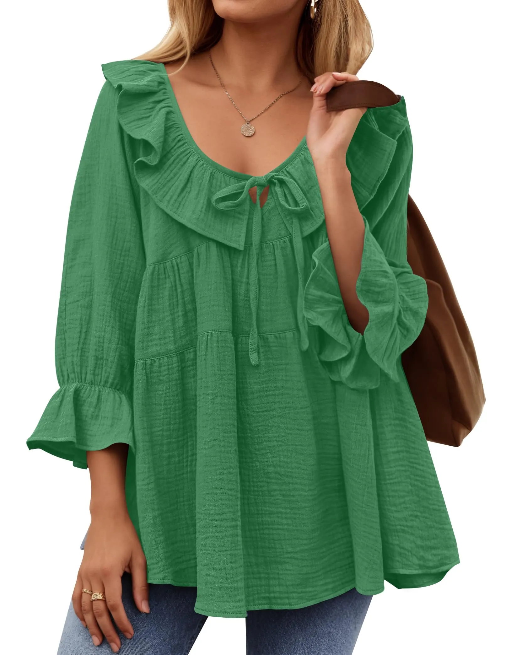 ZESICA Casual Tie Front Ruffle Tiered Loose Tunic Shirts