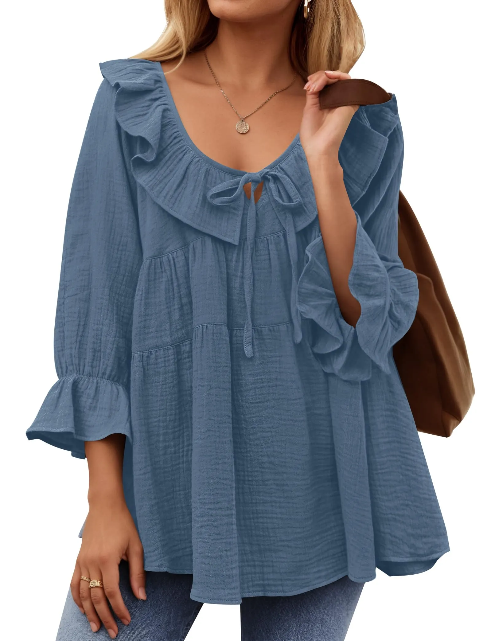 ZESICA Casual Tie Front Ruffle Tiered Loose Tunic Shirts