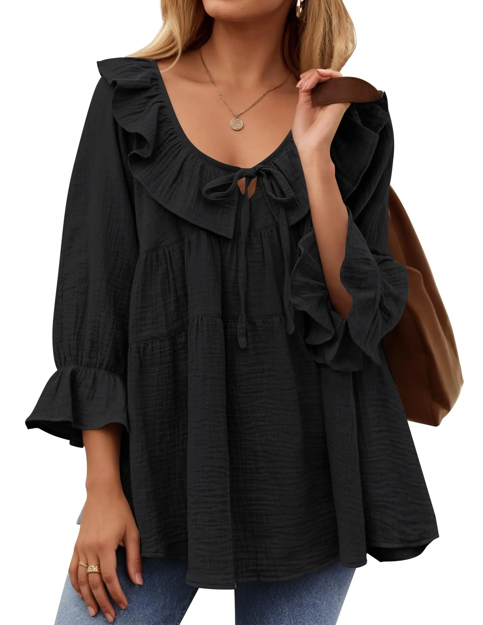 ZESICA Casual Tie Front Ruffle Tiered Loose Tunic Shirts