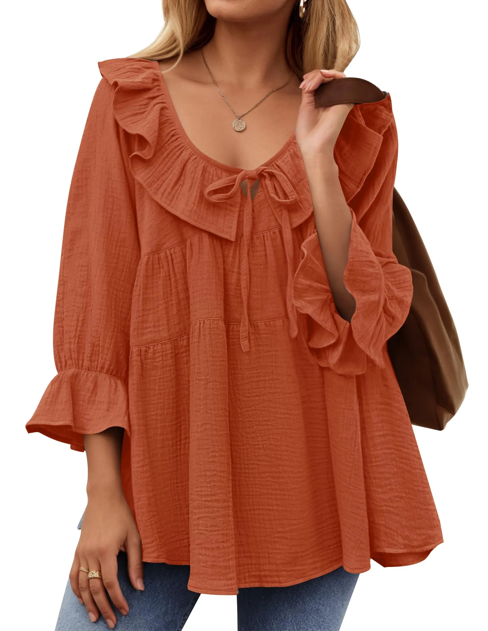ZESICA Casual Tie Front Ruffle Tiered Loose Tunic Shirts